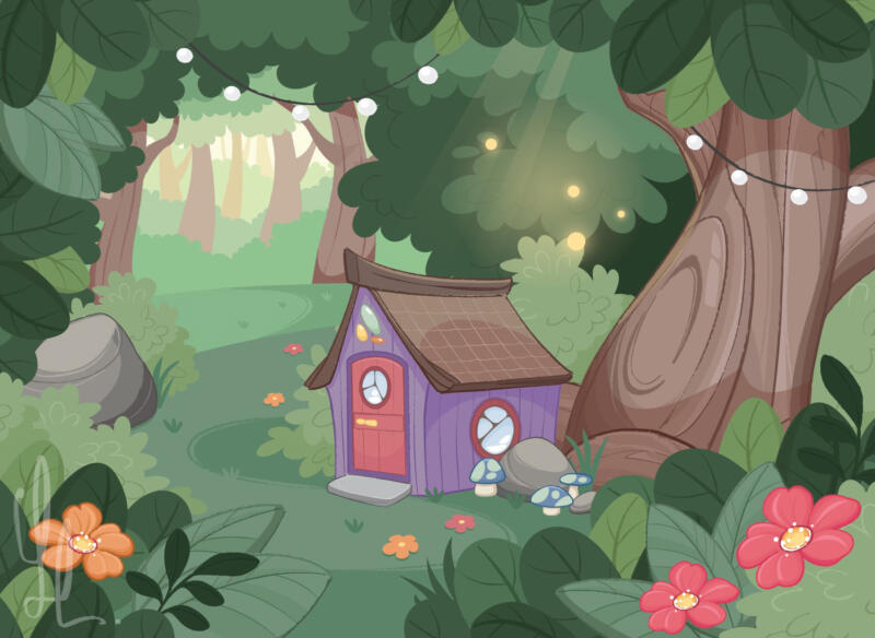 En lummig och grön skog med magiska element och växter som gör den lekfull och magisk. Blommor, blad, svampar och små hus väcker fantasi och glädje.  Ett vackert lila hus står under en trädkrona, Vem vill inte bo där? Bredoria, ett koncept av True Stories.