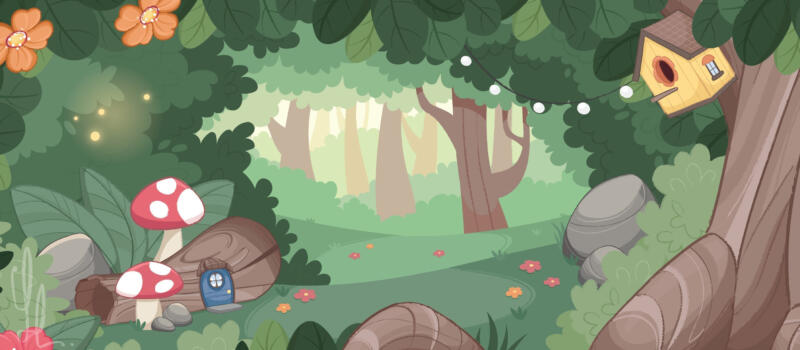 En lummig och grön skog med magiska element och växter som gör den lekfull och magisk. Blommor, blad, svampar och små hus väcker fantasi och glädje.  Små hus i träden och på marken, vem bor där? Bredoria, ett koncept av True Stories.