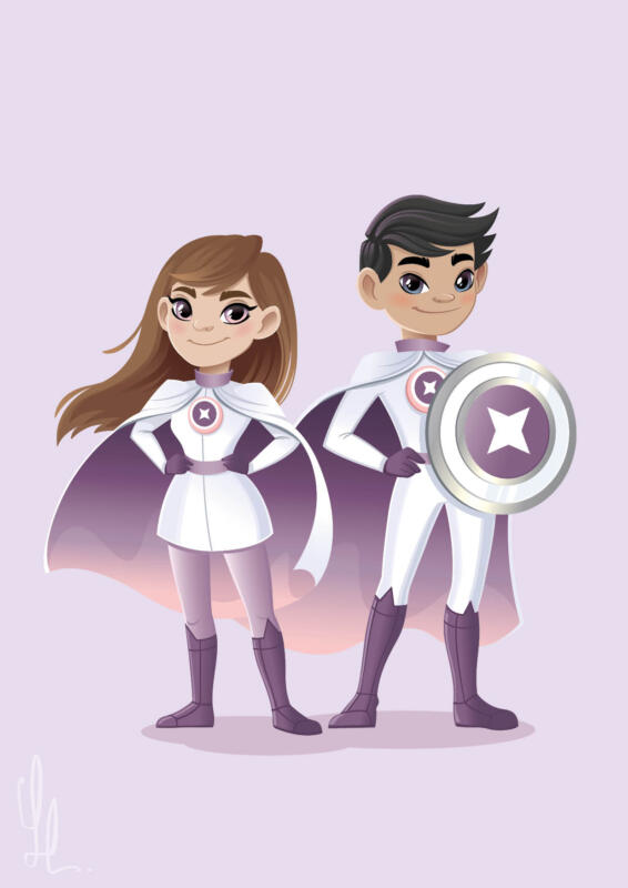 Två superhjältar illustrerade digitalt i vektorformat. En tjej och en kille i superhjältekostymer står i en triumferande pose med vinden i hår och cape. 