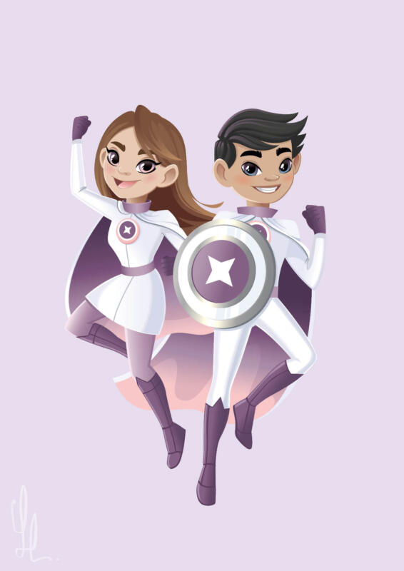 Två superhjältar illustrerade digitalt i vektorformat. En tjej och en kille i superhjältekostymer Hoppar eller flyger genom luften och har vinden i hår och cape. 