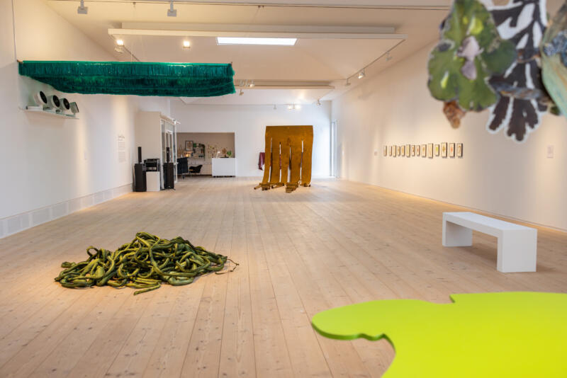 Bilden visar en del av utställningen Seaweed stories i Varbergs konsthall. Verken består av installationer, performance och bildkonst och är skapade av Maj Horn, Ingela Ihrman, Elin & Keino och Maj Persson.
