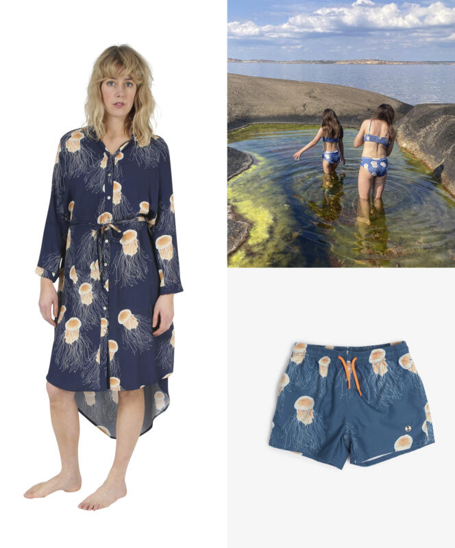 Modeller i olika karaktäristiska bohuslänska miljöer, som har på sig badkläder, bikinis, badbyxor och baddräkter, mönstrade med brännmanet/manet .