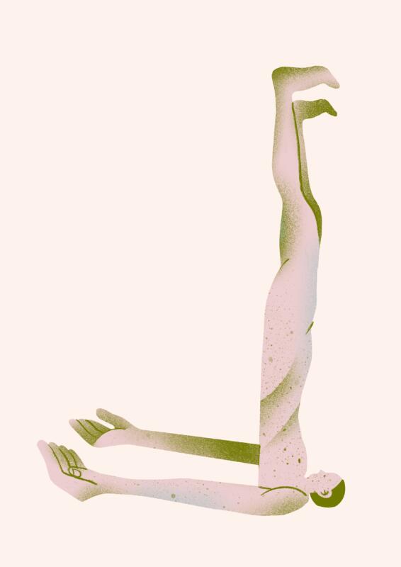 Digital illustration av en person som ligger med fötterna upp i luften