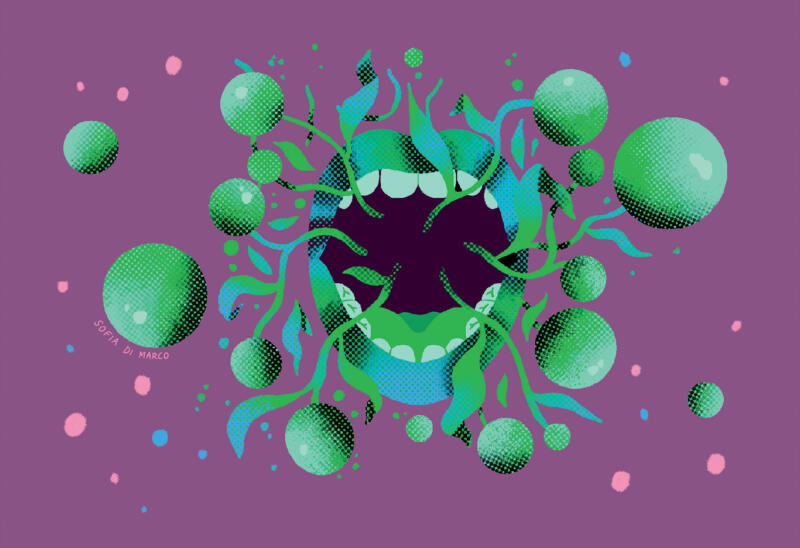 Etikett till en öl med en färgglad grön och blå mun som öppnas och bubblor och blad som kommer ur