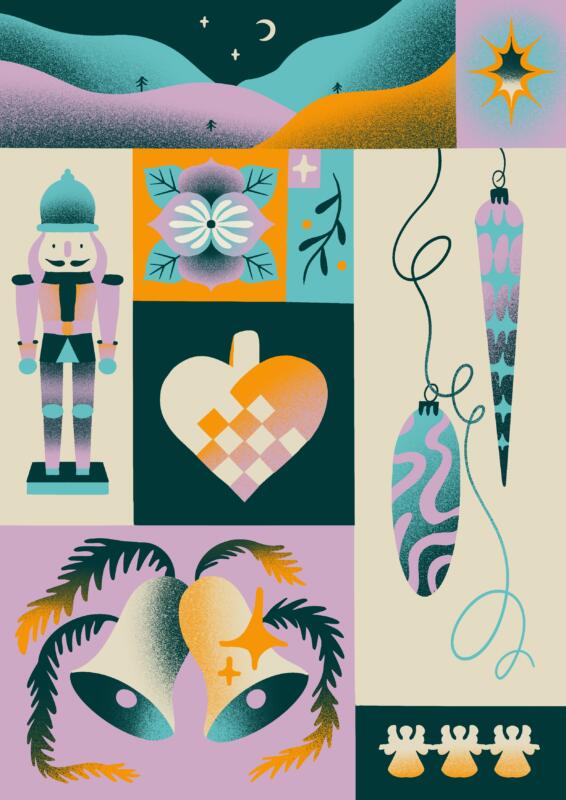 Digital illustration av olika klassiska julmotiv såsom en nötknäppare, klockor och julgranskulor, änglar, julros och stjärna