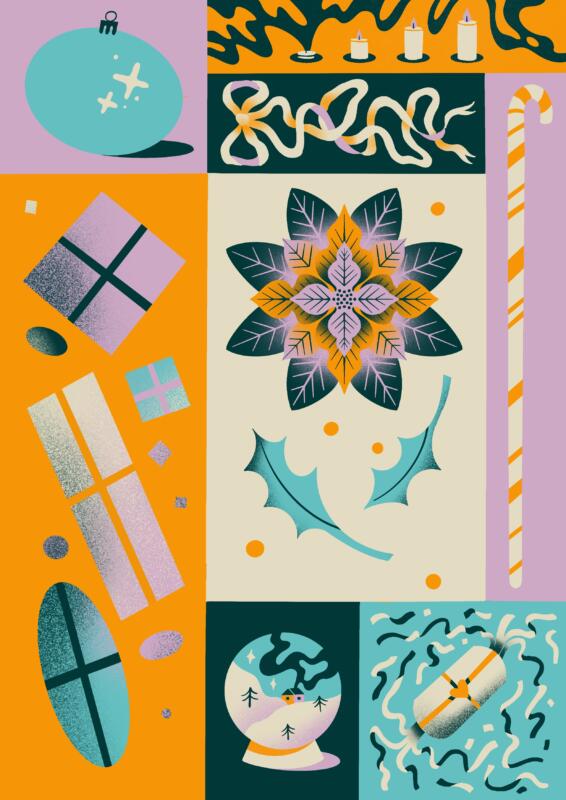 Digital illustration av olika klassiska julmotiv såsom polkagris, smällkaramell och mistel, rosett, adventsljus och julkula