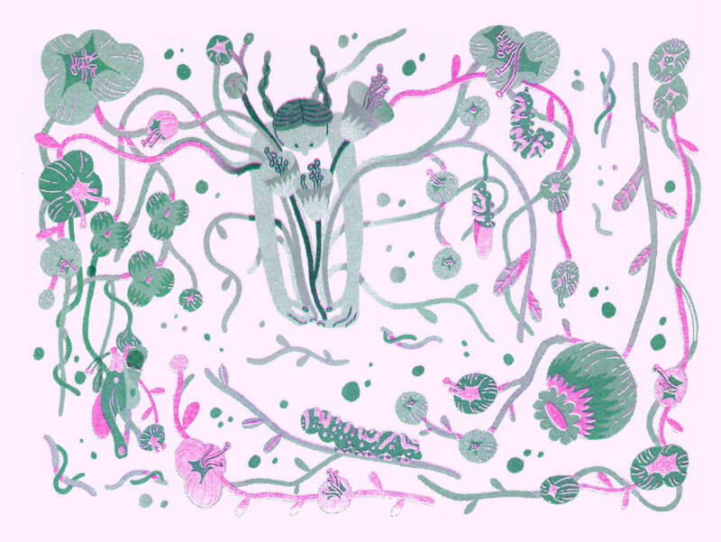 Tjej som håller i blommor, blad, fjärilar och larver