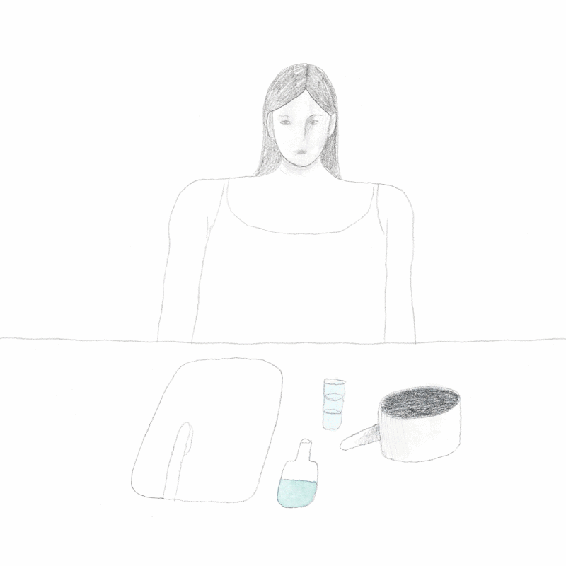 Animation till kortfilmen Boiling Water som föreställer en tjej som står framför en diskho 