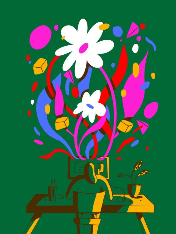 En tjej som sitter framför en dator med färglada abstrakta former och blommor 