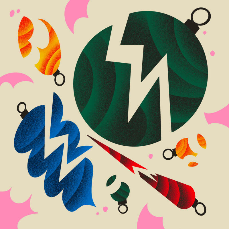 Digital illustration av färgglada julkulor i olika former som är krossade