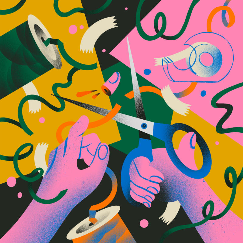 Färgglad digital illustration av två händer där den ena klipper presentsnöre 