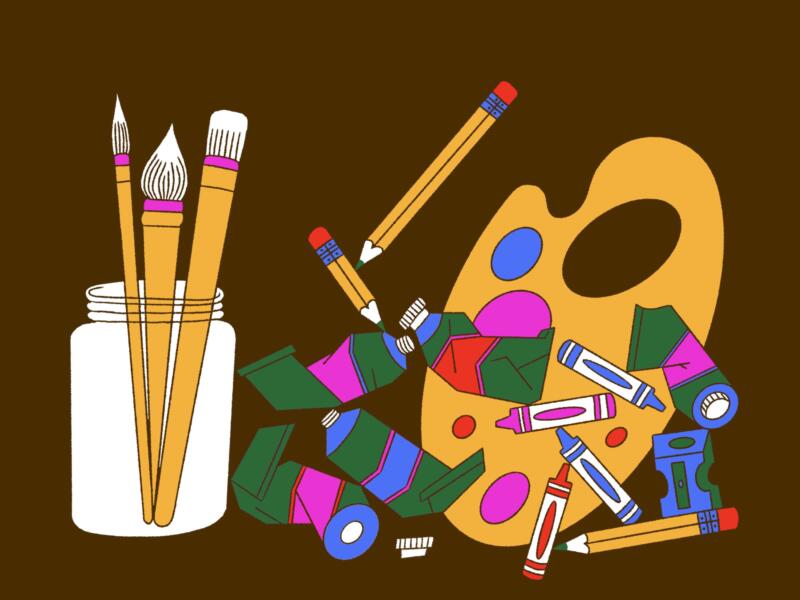 Illustration av konstnärsmaterial såsom penslar, färgtuber, pennor, pennvässare och palett