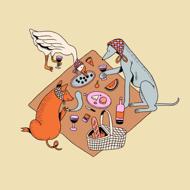 En gris, gås och hund som är på en picknick