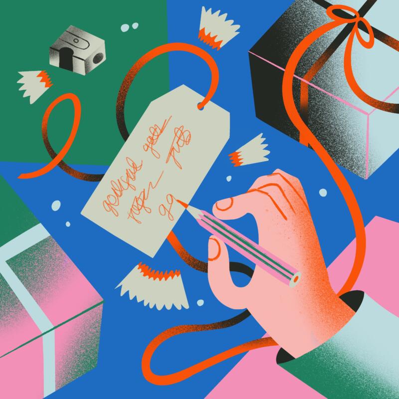 Färgglad digital illustration av en hand som håller i en penna som skriver på en etikett till en present
