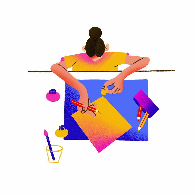 Gif av en tjej som ritar vid ett skrivbord