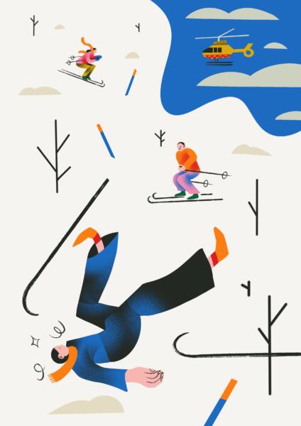 Digital illustration av skidåkare i backen där en har ramlat och en ambulanshelikopter syns på himlen