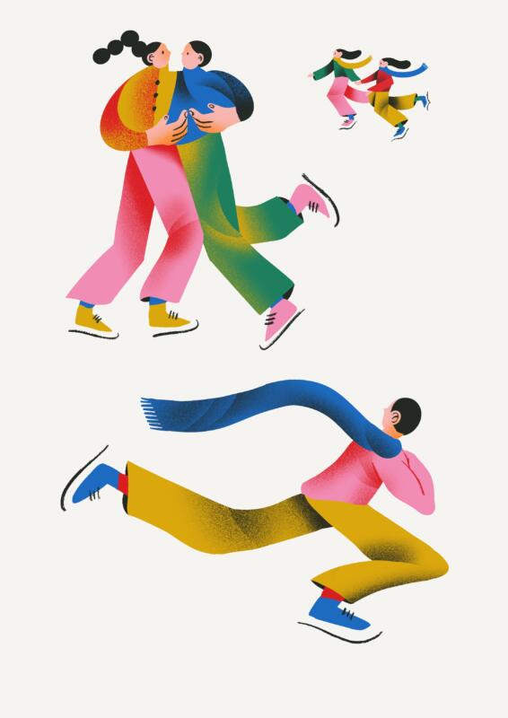 Digital illustration av människor som åker skridskor ute på isen