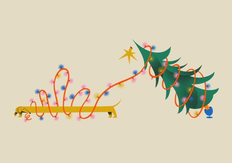 Digital illustration av en tax som fastnat i dekorationen till julgranen