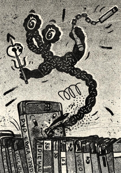 Illustration till artikeln "Ebolasyndrom" av Mattias Indy Pettersson för TRAUMA magazine, om 90-talets Hongkongfilm med samma namn