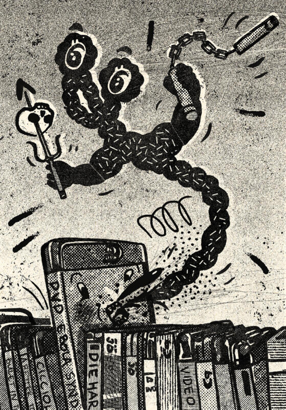 Illustration till artikeln "Ebolasyndrom" av Mattias Indy Pettersson för TRAUMA magazine, om 90-talets Hongkongfilm med samma namn