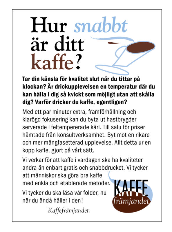 Förstasida på en 4-sidig, tryckt folder för fiktiv förening "Kaffefrämjandet"
