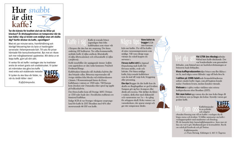 Alla sidor ur 4-sidig, tryckt folder för fiktiv förening "Kaffefrämjandet"