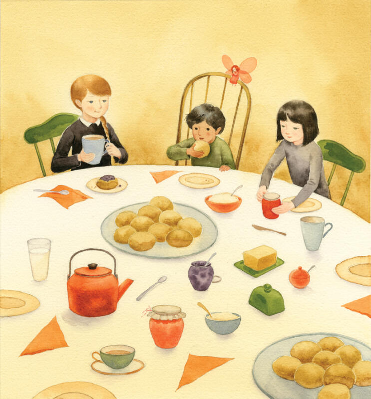 Watercolor illustration of children sitting around a table, eating jam and scones and drinking tea for breakfast.