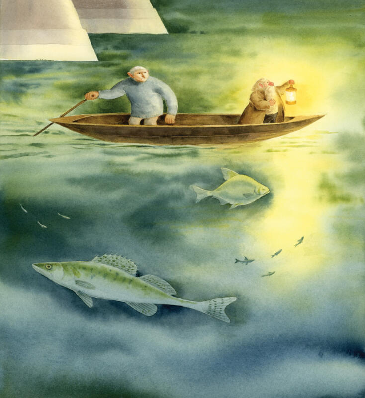 Watercolour illustration of two odd characters rowing a boat down the river at nighttime in Stockholm, one of them is holding up a lantern.