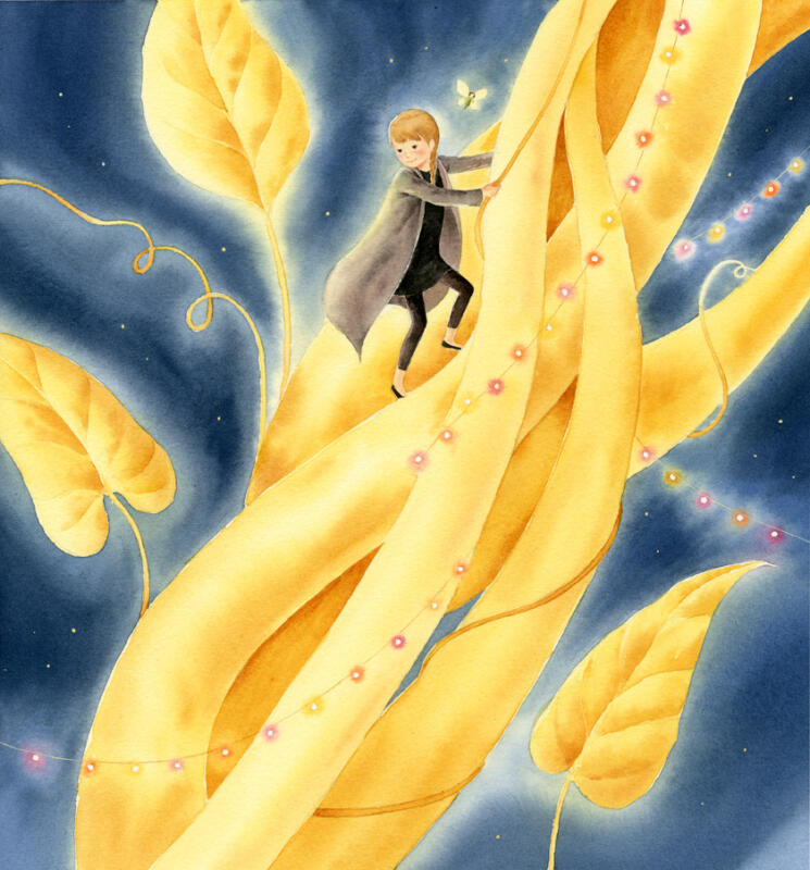 Watercolour illustration of a young girl climbing up a magic beanstalk.