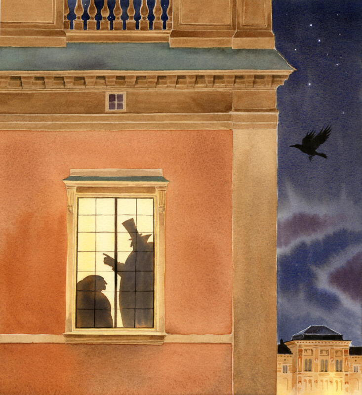 Watercolour illustration of two menacing characters having a secret meeting at the Royal Palace apartment in Stockholm at night.