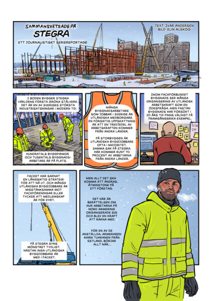 Seriesida med byggnadarbetare på ett bygge, Stegra i Boden, vinter