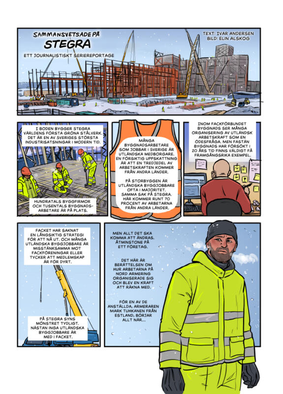 Seriesida med byggnadarbetare på ett bygge, Stegra i Boden, vinter