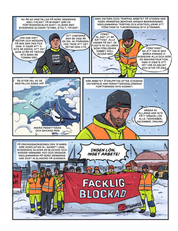 seriesida, reportage om utländska byggnadsarbetare som demonstrerar mot sin arbetsgivare