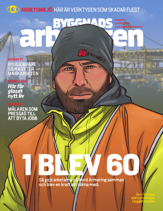 Omslag till tidning, Byggnadsarbetaren, porträtt av en byggnadsarbetare i varselkläder, i bakgrunden ett bygge