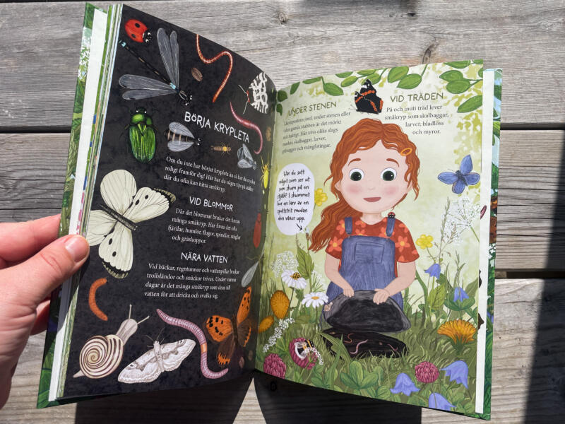 Öppen bok med uppslag ur barnboken Vera och småkrypen