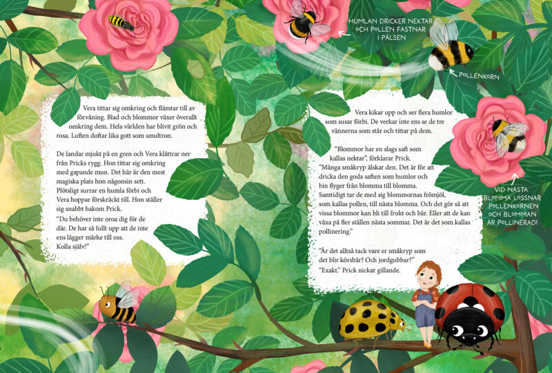 Uppslag ur barnboken Vera och småkrypen där pollinering förklaras