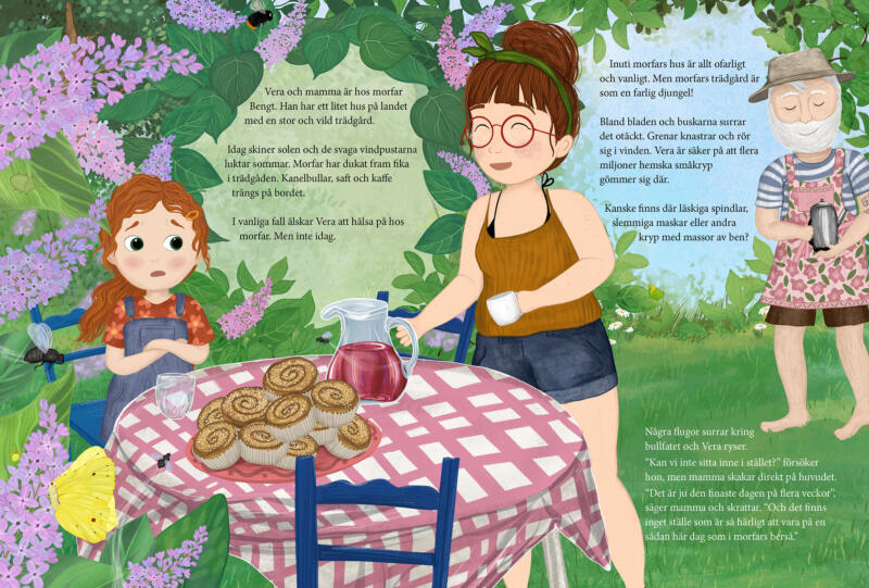 Uppslag ur barnboken Vera och småkrypen där morfar dukar fram fika