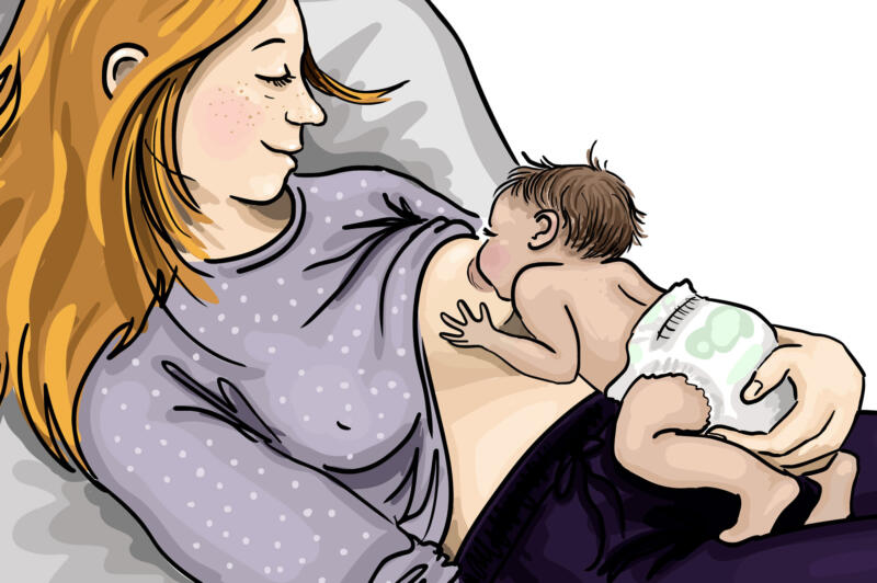 An illustration of a  woman breastfeeding a baby in a reclining position.