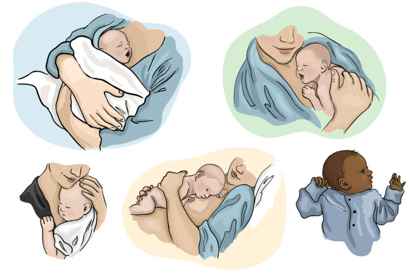 Five images of various stages of baby's first hour after birth and nursing cues, Amingshjälpen.