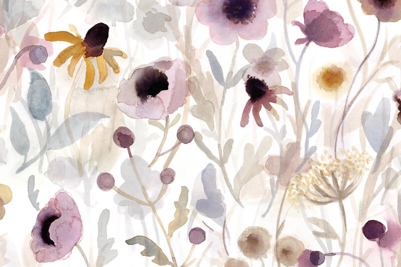 A watercolour pattern for bed linen. The pattern is made up of soft florals in a pink, lilac and beige colourway. 