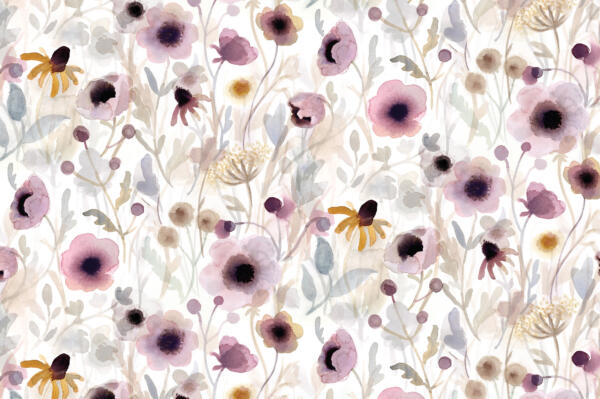A watercolour pattern for bed linen. The pattern is made up of soft florals in a pink, lilac and beige colourway. 