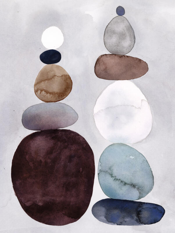 Watercolour picture of stones stapled on top of each other.