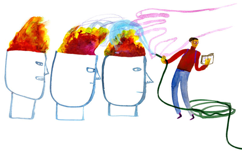 Illustration available psykologstudenter som försöker att läsa i en bok samtidigt som han med hjälp av en vattenslag försöker att släcka bränder i huvudet på tre patienter. En stor diskret hand stöttar upp och hjälper studenten att pricka rätt.