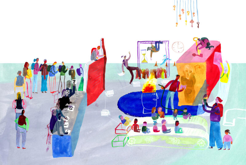 Illustration som visar psykologistudenter i en hinderbana där dom utsätts för olika utmaningar och bedöms av en jury.