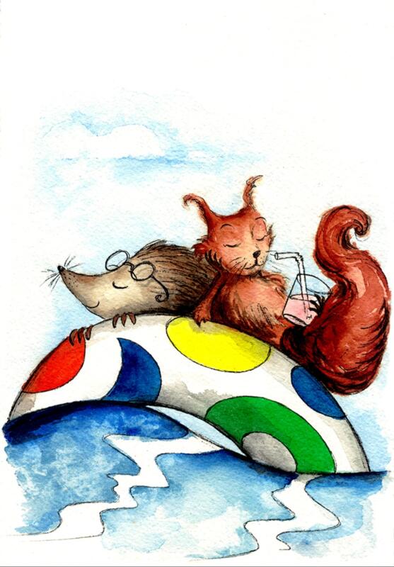 Squirrel and hedgehog bathing