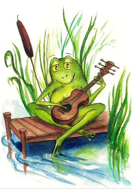 Frog playing music by a creek
