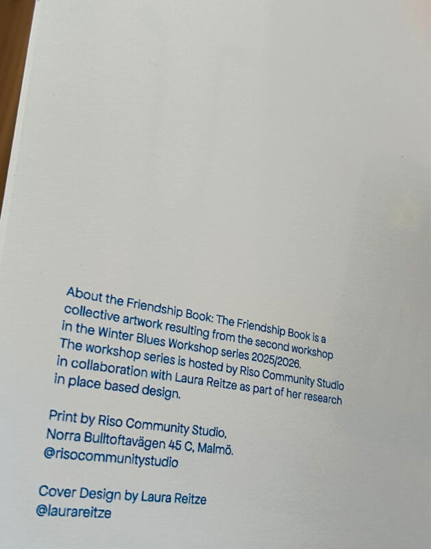 Närbild av kolofonsida med information om workshop och publikation