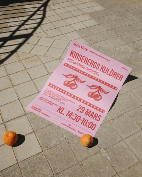 Rosa affisch med röd typografi och fotofilm med körsbär på betong