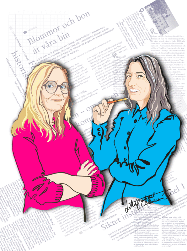 porträttillustration av tidningsredaktörer till lokaltidningen Lotsen. Vektorillustration, personporträtt.