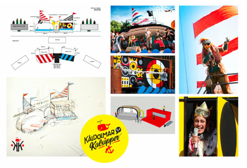 "Kåldolmar och kalsipper" parkteatern "Club Killers" Servettskiss segel randigt pirat vagn sound system högtalare